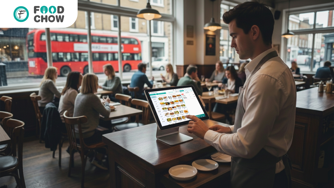 Restaurant staff using a cloud-based POS system in a UK café to manage dine-in orders and billing